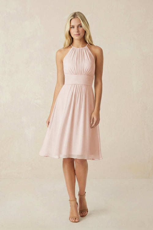 Halter A - Line Chiffon Midi Bridesmaid Dress in Pale Blush - KissProm Bridesmaid Dresses