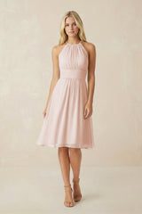 Halter A - Line Chiffon Midi Bridesmaid Dress in Pale Blush - KissProm Bridesmaid Dresses