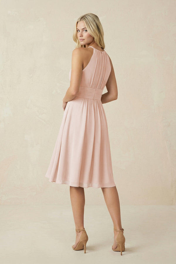 Halter A - Line Chiffon Midi Bridesmaid Dress in Pale Blush - KissProm Bridesmaid Dresses