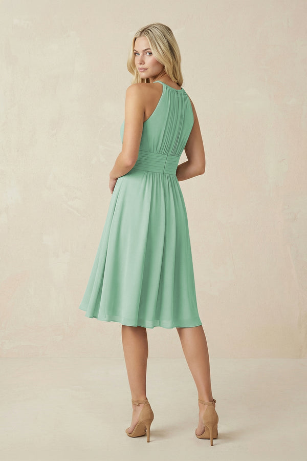 Halter A - Line Chiffon Midi Bridesmaid Dress in Pale Pistachio - KissProm Bridesmaid Dresses