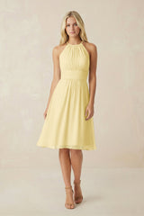 Halter A - Line Chiffon Midi Bridesmaid Dress in Pastel Yellow - KissProm Bridesmaid Dresses