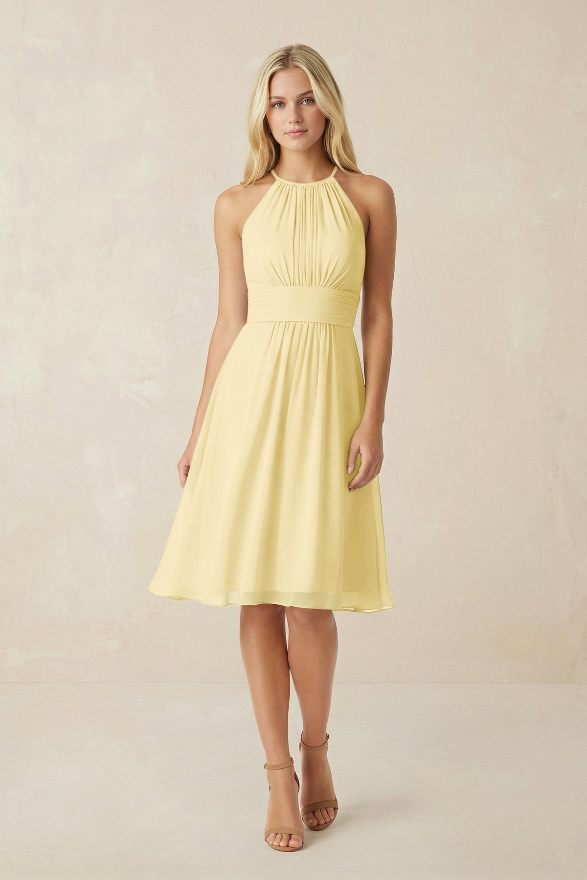 KissProm Halter A-Line Chiffon Midi Bridesmaid Dress in Pastel Yellow, Pastel Yellow / 4