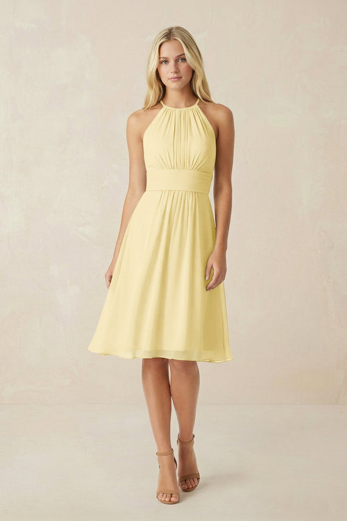 Halter A - Line Chiffon Midi Bridesmaid Dress in Pastel Yellow - KissProm Bridesmaid Dresses