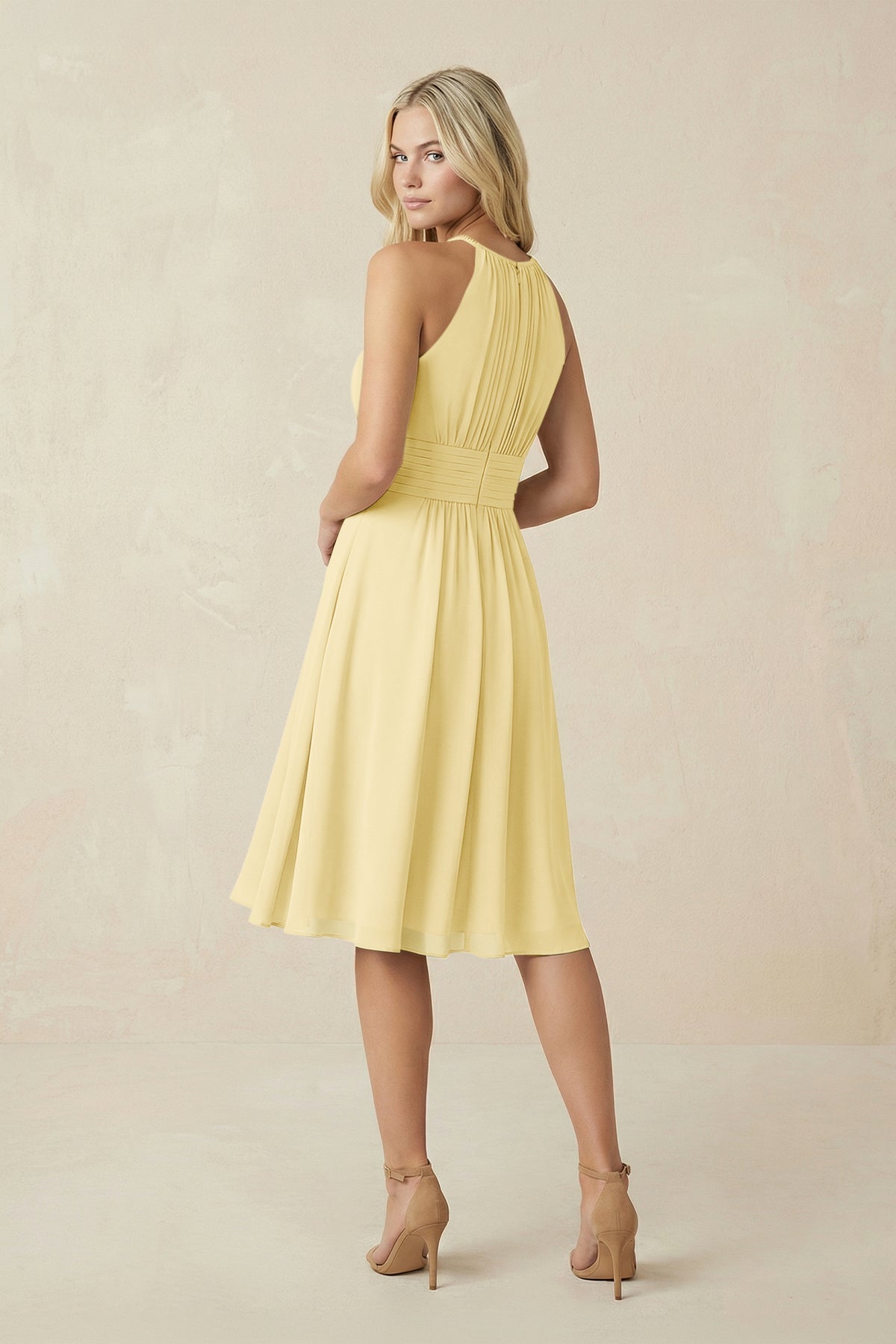 KissProm Halter A-Line Chiffon Midi Bridesmaid Dress in Pastel Yellow, Pastel Yellow / 4