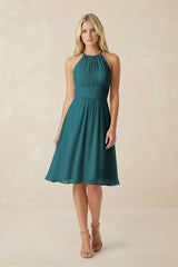 Halter A - Line Chiffon Midi Bridesmaid Dress in Pine - KissProm Bridesmaid Dresses