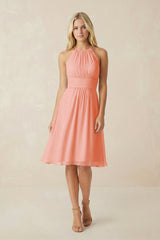Halter A - Line Chiffon Midi Bridesmaid Dress in Rosette - KissProm Bridesmaid Dresses