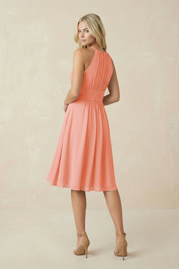 Halter A - Line Chiffon Midi Bridesmaid Dress in Rosette - KissProm Bridesmaid Dresses