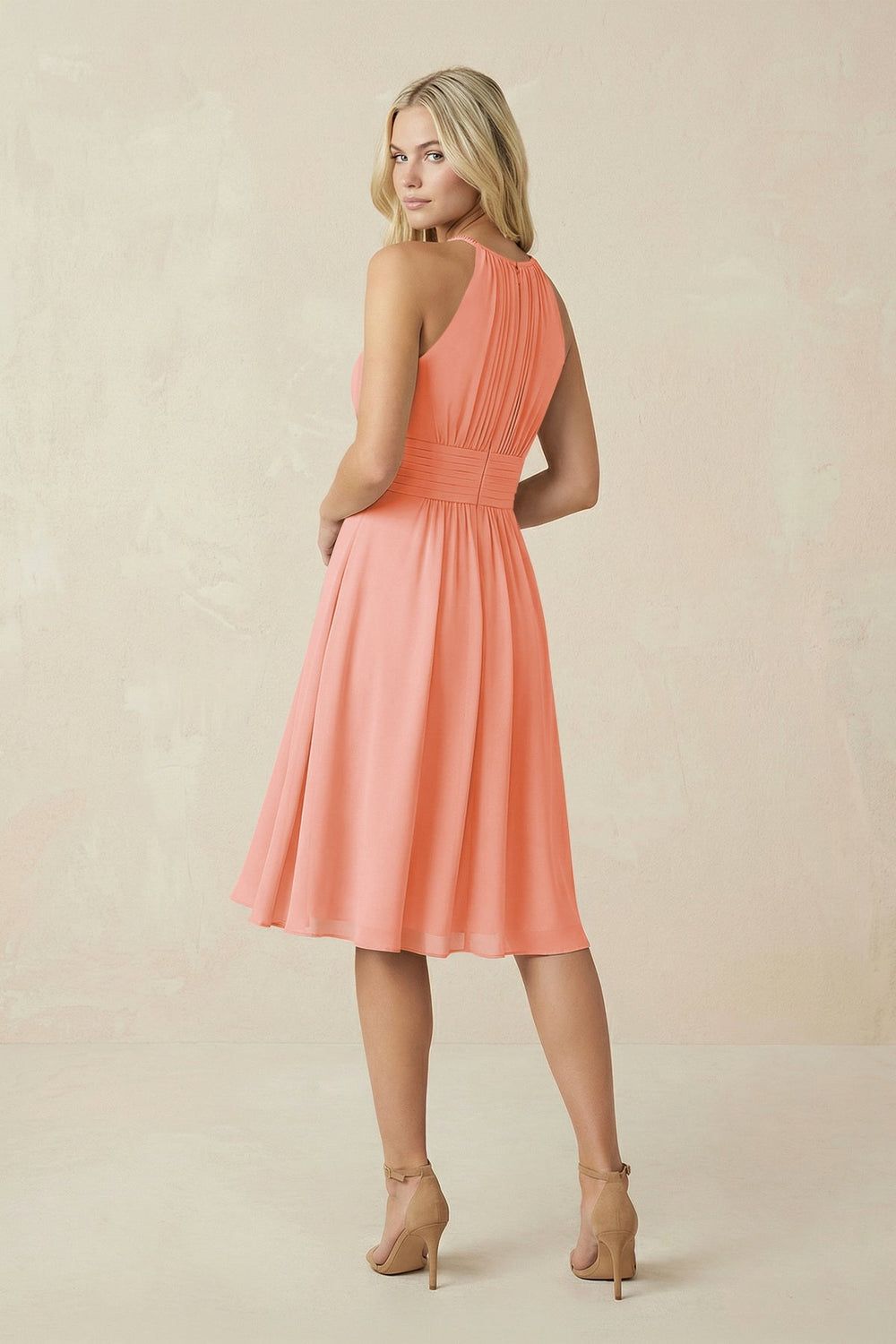 Halter A - Line Chiffon Midi Bridesmaid Dress in Rosette - KissProm Bridesmaid Dresses