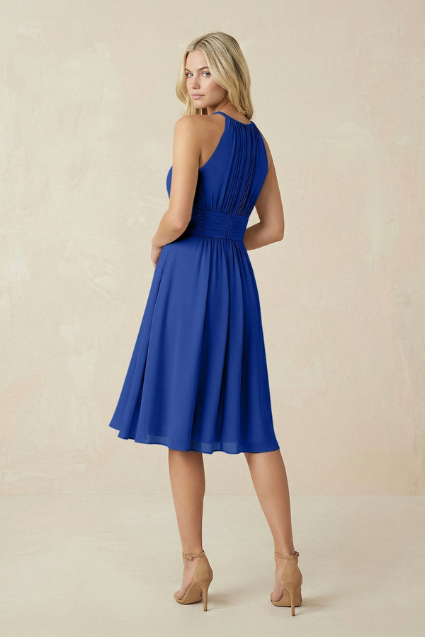 Halter A - Line Chiffon Midi Bridesmaid Dress in Royal Blue - KissProm Bridesmaid Dresses