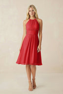 Halter A - Line Chiffon Midi Bridesmaid Dress in Ruby Red - KissProm Bridesmaid Dresses