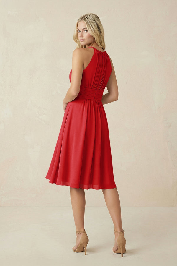Halter A - Line Chiffon Midi Bridesmaid Dress in Ruby Red - KissProm Bridesmaid Dresses