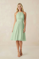 Halter A - Line Chiffon Midi Bridesmaid Dress in Sage - KissProm Bridesmaid Dresses