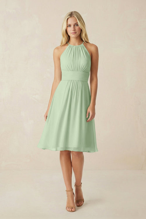 Halter A - Line Chiffon Midi Bridesmaid Dress in Sage - KissProm Bridesmaid Dresses