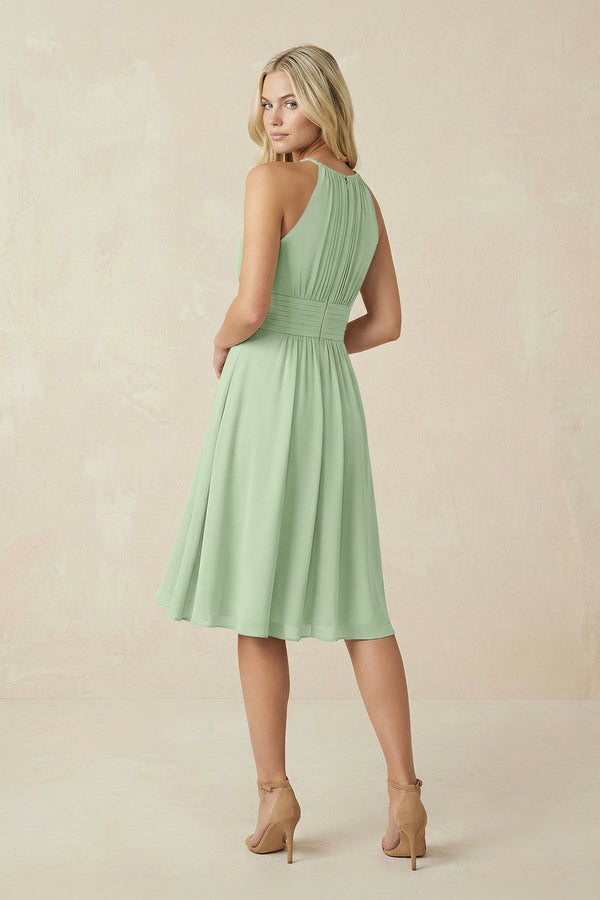 Halter A - Line Chiffon Midi Bridesmaid Dress in Sage - KissProm Bridesmaid Dresses