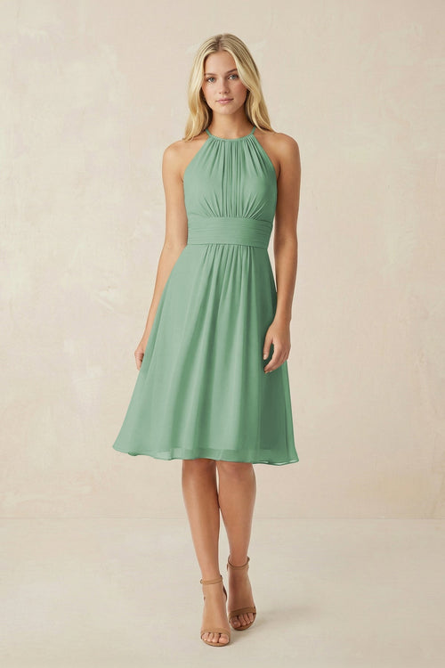 Halter A - Line Chiffon Midi Bridesmaid Dress in Sea Glass - KissProm Bridesmaid Dresses