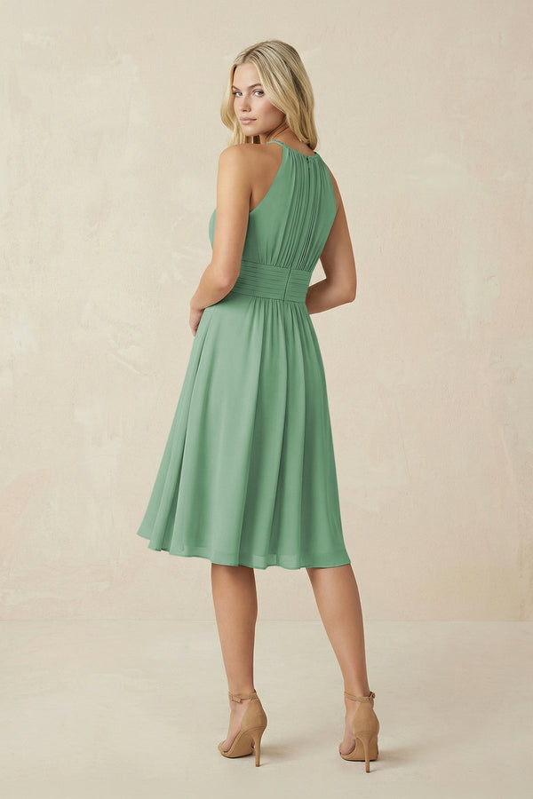 Halter A - Line Chiffon Midi Bridesmaid Dress in Sea Glass - KissProm Bridesmaid Dresses