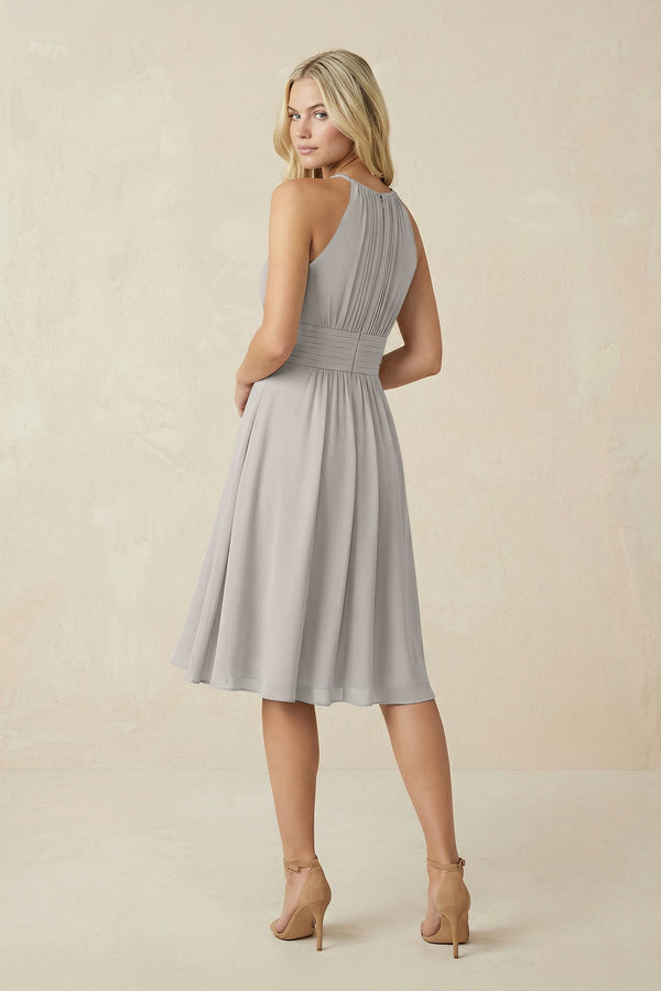 Halter A - Line Chiffon Midi Bridesmaid Dress in Silver - KissProm Bridesmaid Dresses
