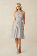 Halter A - Line Chiffon Midi Bridesmaid Dress in Silver - KissProm Bridesmaid Dresses