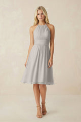 Halter A - Line Chiffon Midi Bridesmaid Dress in Silver - KissProm Bridesmaid Dresses