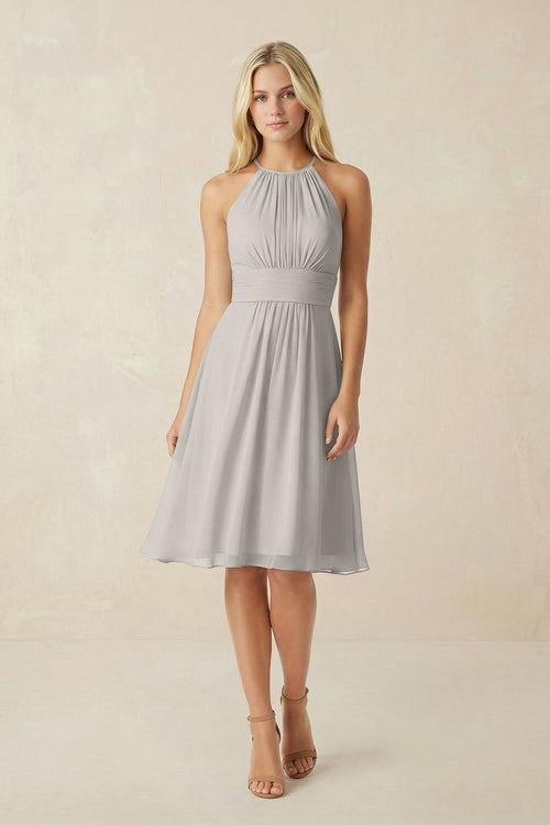 Halter A - Line Chiffon Midi Bridesmaid Dress in Silver - KissProm Bridesmaid Dresses