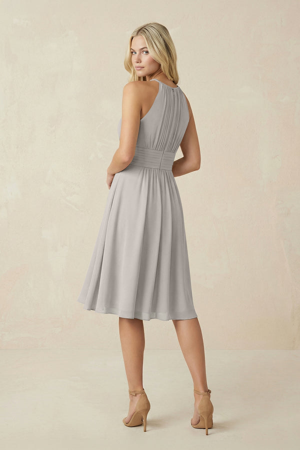 Halter A - Line Chiffon Midi Bridesmaid Dress in Silver - KissProm Bridesmaid Dresses