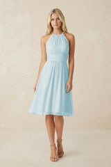 Halter A - Line Chiffon Midi Bridesmaid Dress in Sky Blue - KissProm Bridesmaid Dresses