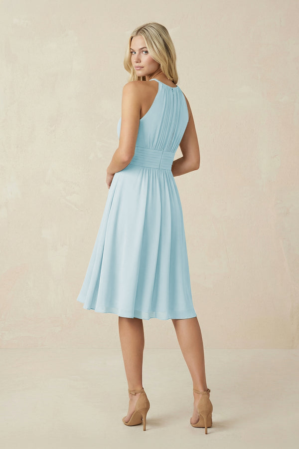 Halter A - Line Chiffon Midi Bridesmaid Dress in Sky Blue - KissProm Bridesmaid Dresses