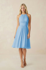Halter A - Line Chiffon Midi Bridesmaid Dress in Steel Blue - KissProm Bridesmaid Dresses