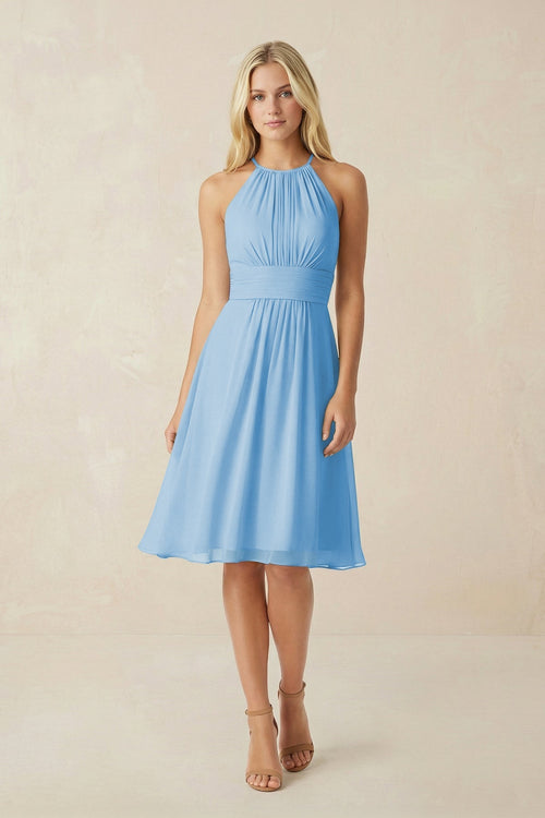 Halter A - Line Chiffon Midi Bridesmaid Dress in Steel Blue - KissProm Bridesmaid Dresses