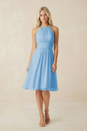 Halter A - Line Chiffon Midi Bridesmaid Dress in Steel Blue - KissProm Bridesmaid Dresses