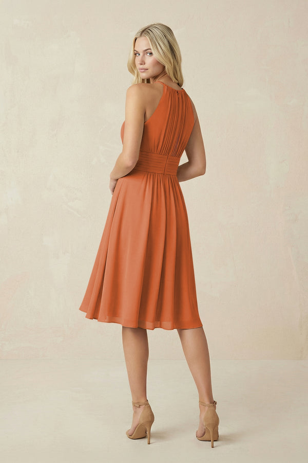 Halter A - Line Chiffon Midi Bridesmaid Dress in Terracotta - KissProm Bridesmaid Dresses
