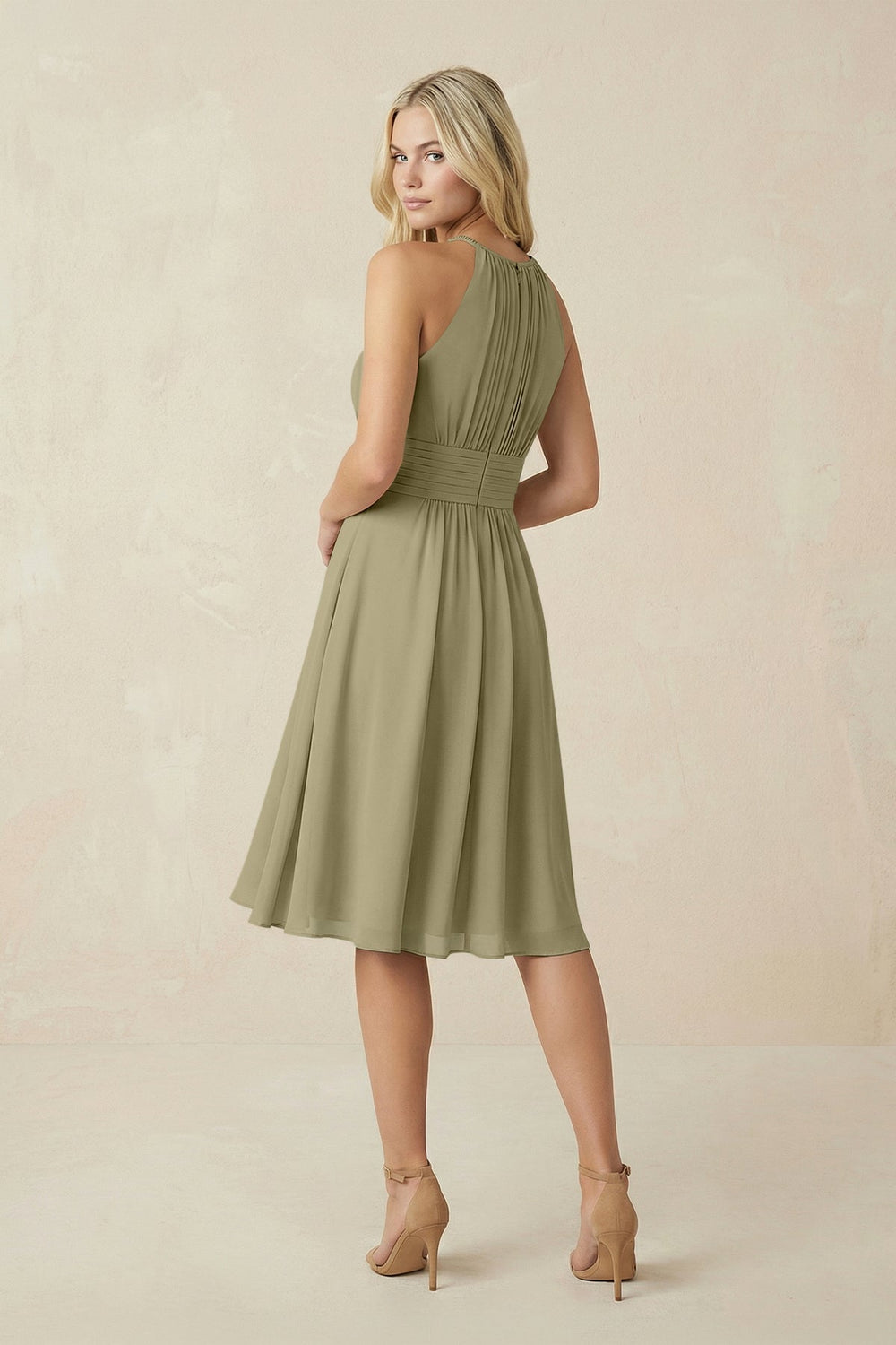 Halter A - Line Chiffon Midi Bridesmaid Dress in Thyme - KissProm Bridesmaid Dresses