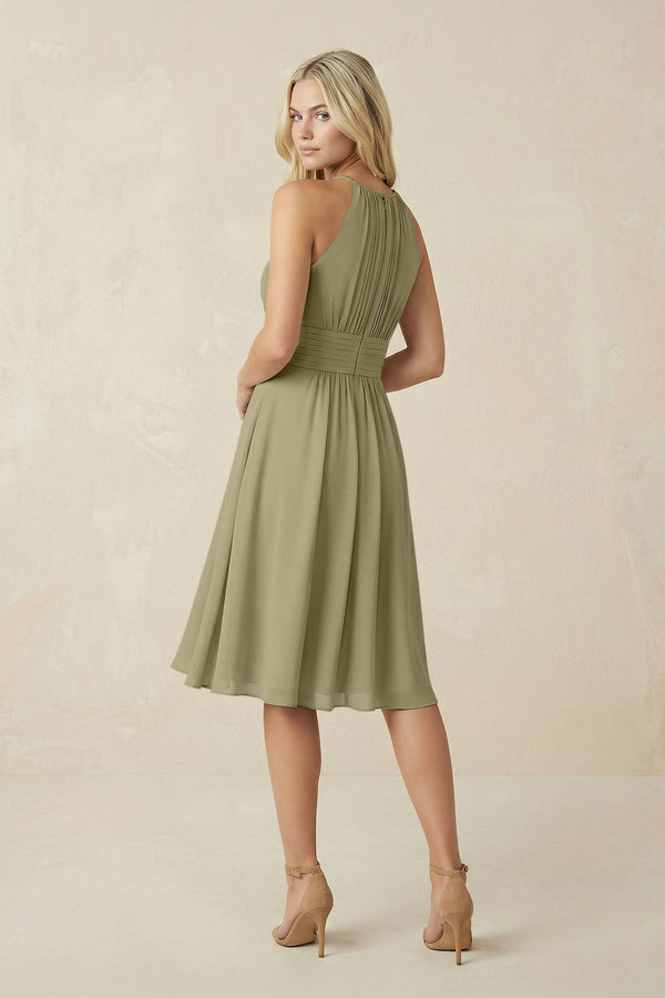 Halter A - Line Chiffon Midi Bridesmaid Dress in Thyme - KissProm Bridesmaid Dresses