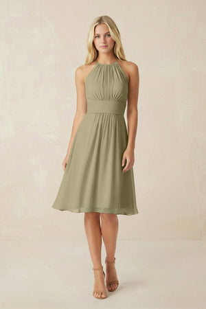 Halter A - Line Chiffon Midi Bridesmaid Dress in Thyme - KissProm Bridesmaid Dresses