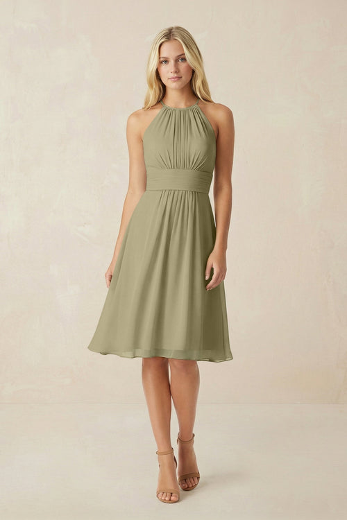 Halter A - Line Chiffon Midi Bridesmaid Dress in Thyme - KissProm Bridesmaid Dresses