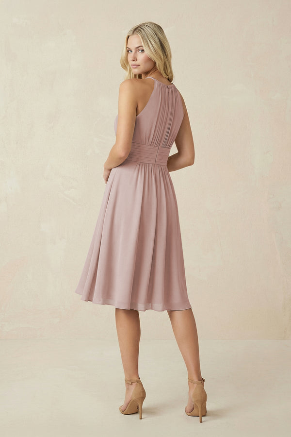 Halter A - Line Chiffon Midi Bridesmaid Dress in Toffee - KissProm Bridesmaid Dresses