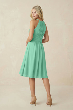 Halter A - Line Chiffon Midi Bridesmaid Dress in Turquoise - KissProm Bridesmaid Dresses
