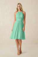 Halter A - Line Chiffon Midi Bridesmaid Dress in Turquoise - KissProm Bridesmaid Dresses