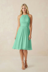 Halter A - Line Chiffon Midi Bridesmaid Dress in Turquoise - KissProm Bridesmaid Dresses