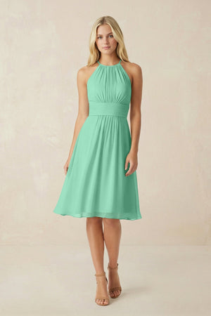 Halter A - Line Chiffon Midi Bridesmaid Dress in Turquoise - KissProm Bridesmaid Dresses