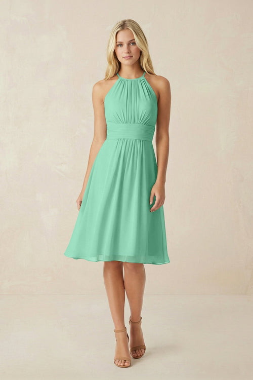 Halter A - Line Chiffon Midi Bridesmaid Dress in Turquoise - KissProm Bridesmaid Dresses