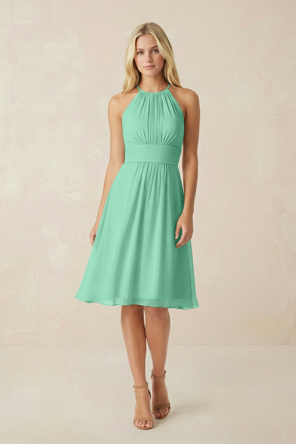 Halter A - Line Chiffon Midi Bridesmaid Dress in Turquoise - KissProm Bridesmaid Dresses