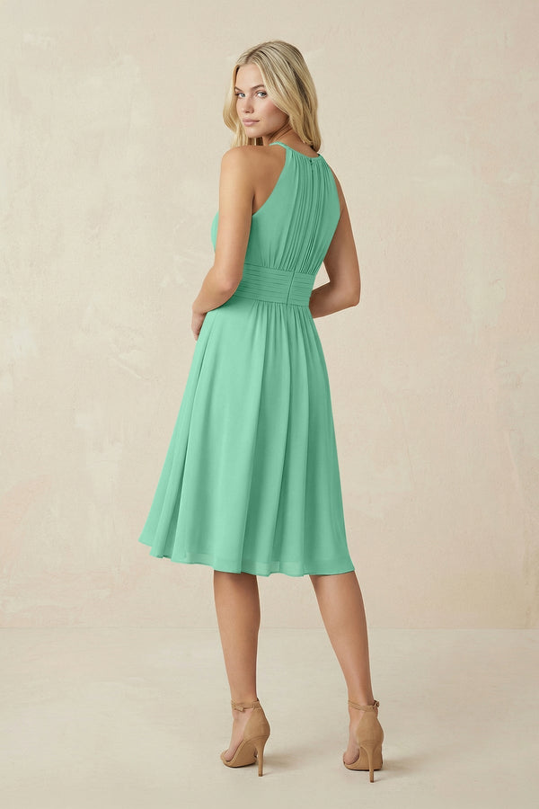 Halter A - Line Chiffon Midi Bridesmaid Dress in Turquoise - KissProm Bridesmaid Dresses