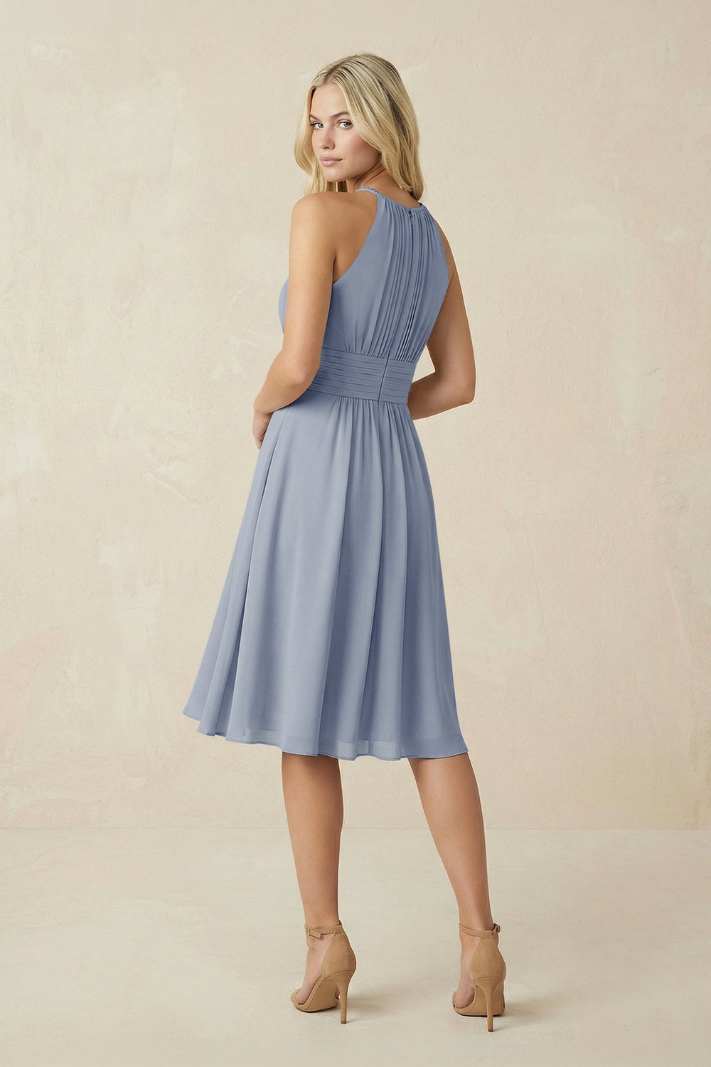 Halter A - Line Chiffon Midi Bridesmaid Dress in Twilight - KissProm Bridesmaid Dresses