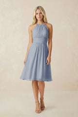 Halter A - Line Chiffon Midi Bridesmaid Dress in Twilight - KissProm Bridesmaid Dresses