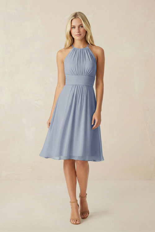 Halter A - Line Chiffon Midi Bridesmaid Dress in Twilight - KissProm Bridesmaid Dresses