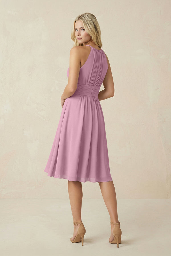 Halter A - Line Chiffon Midi Bridesmaid Dress in Vintage Mauve - KissProm Bridesmaid Dresses