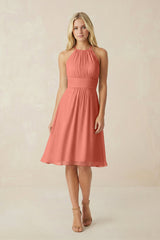 Halter A - Line Chiffon Midi Bridesmaid Dress in Wild Rose - KissProm Bridesmaid Dresses