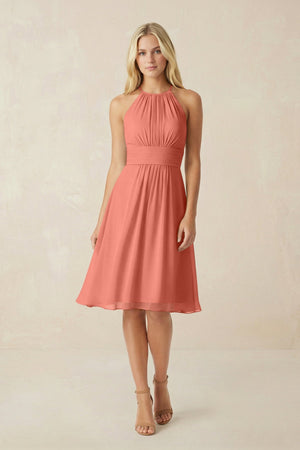 Halter A - Line Chiffon Midi Bridesmaid Dress in Wild Rose - KissProm Bridesmaid Dresses