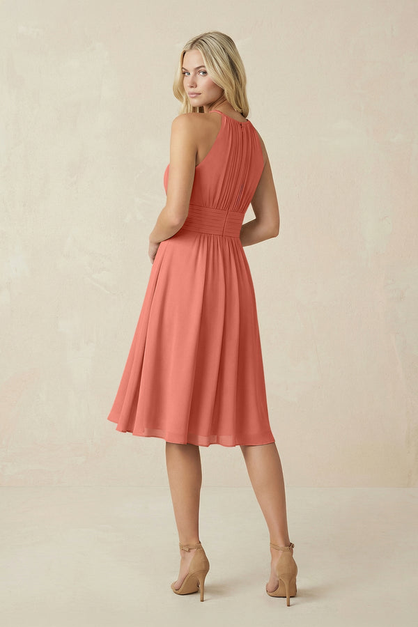 Halter A - Line Chiffon Midi Bridesmaid Dress in Wild Rose - KissProm Bridesmaid Dresses